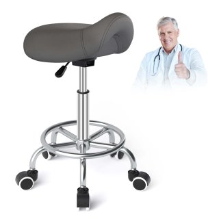 YEEZEE Saddle Stool, Ergonomic Rolling Stool with Foot Ring, 360° Swivel and PU Wheels, Grey YEEZEE Saddle Stool, Ergonomic Rolling Stool with Foot Ring, 360° Swivel and PU Wheels, Grey